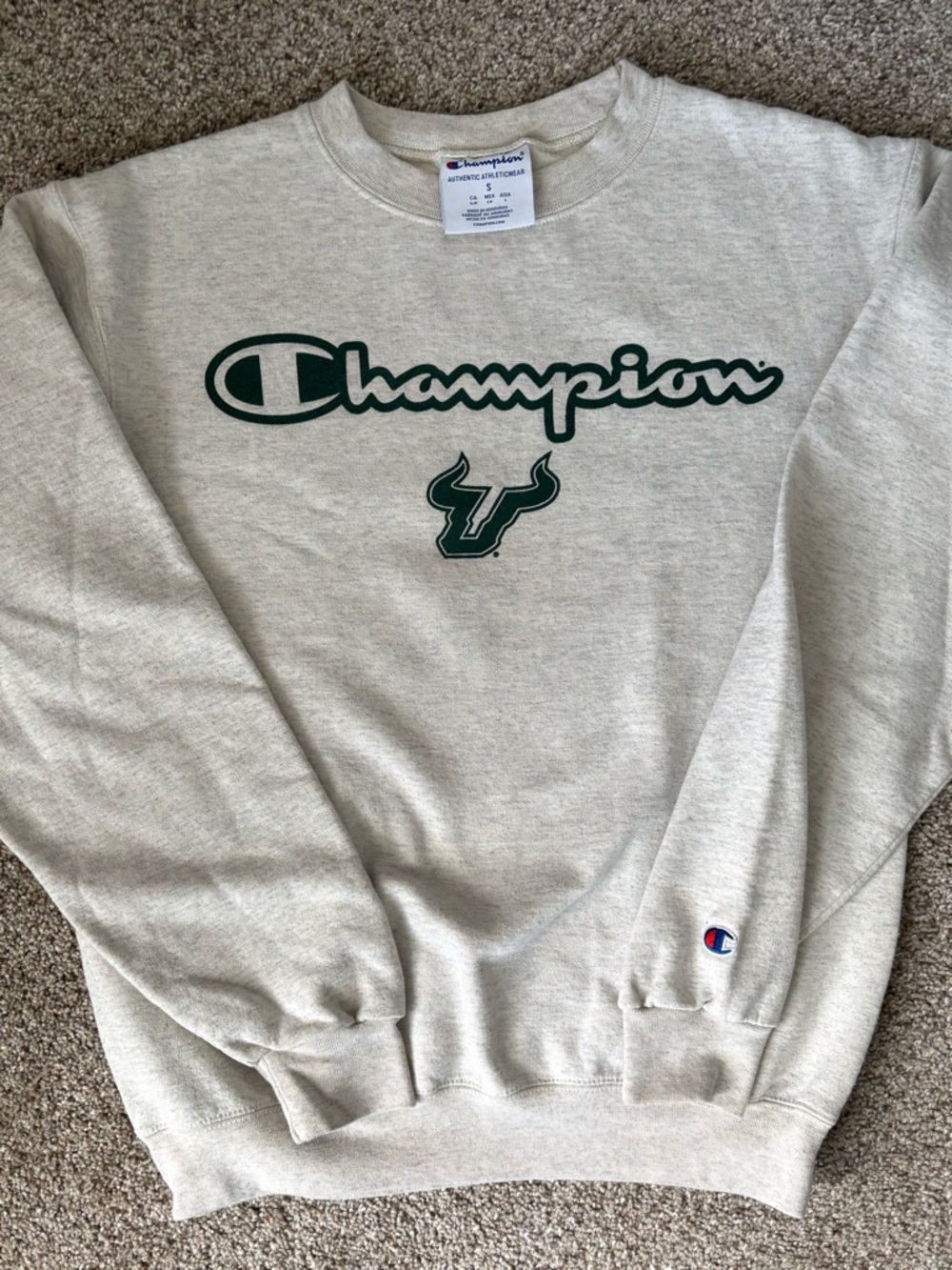 USF Bulls Champion Crewneck Sweatshirt in Light Beige, Size Small